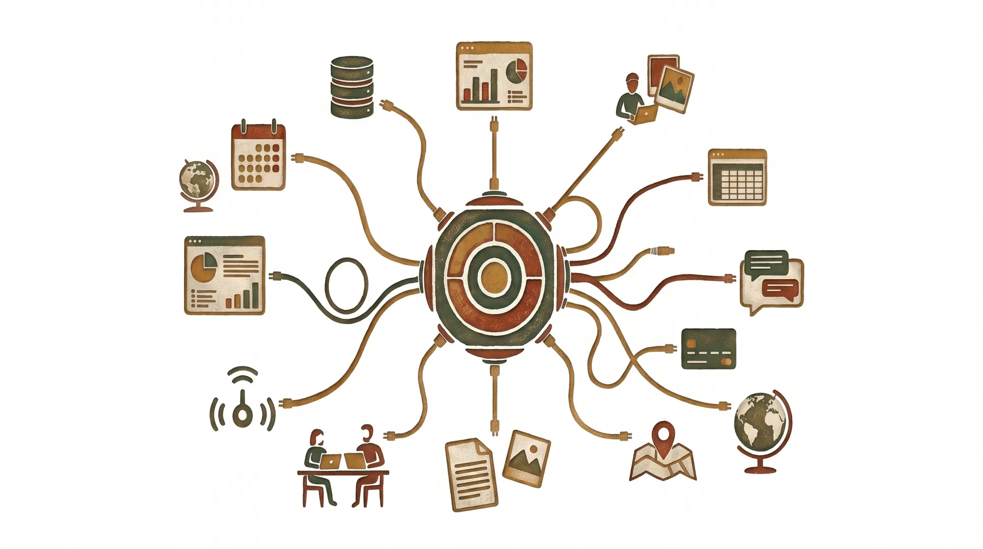 En el centro, el agente. A su alrededor, cables que lo conectan con una agenda, una base de datos, tableros, planillas, documentos, fotos, pagos, mapas, mensajes, sensores y personas.